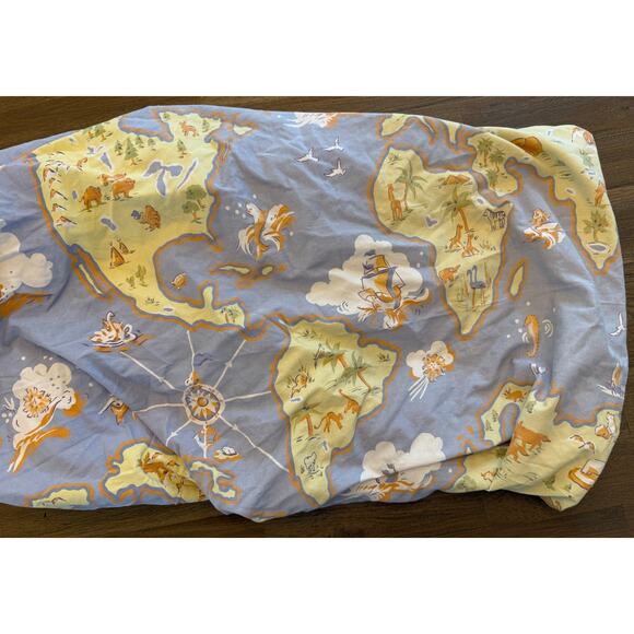 Pottery Barn Kids Map Animals Explorers Fitted Twin Sheet Blue Green EUC - Picture 1 of 5